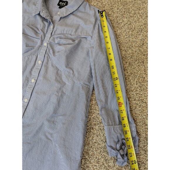 ECI Bow Cuff Railroad Stripe Cotton Shirt Dress Button Front Long Sleeves Sz 14 - Picture 9 of 11